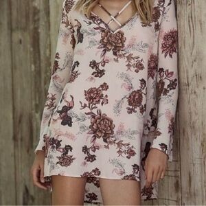 Free People Floral Heartbeat Printed Boho Bell Sleeve Mini Dress Size Large